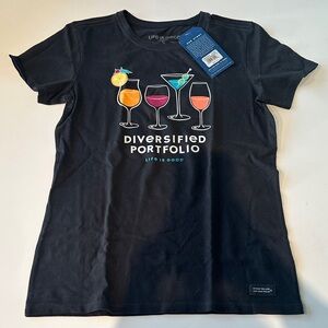 Women's Black Tee with Colorful Wine “Diversified Portfolio” Design